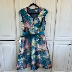 Kay Unger Blue and Pink Floral Midi Dress